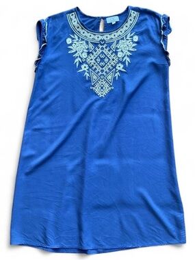Boho Coastal Cobalt Blue Embroidered Cotton Blend Mini Tunic Dress